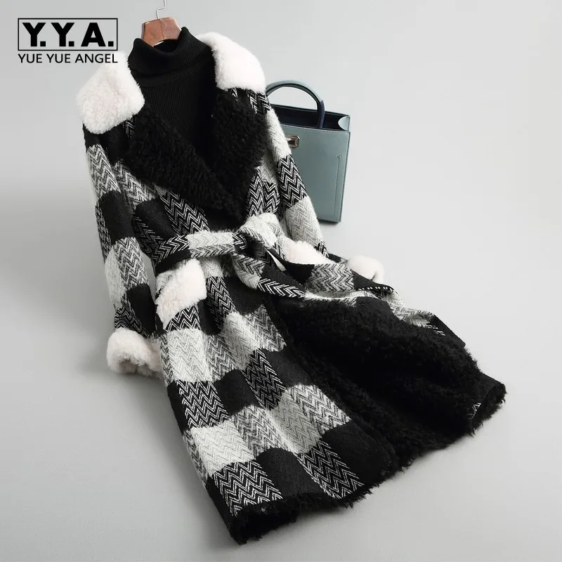 

Winter Elegant Drawstring Waist Womens Woolen Overcoats Medium Length Fleece Lining Thick Warm Office Ladies Plaid Tweed Coats
