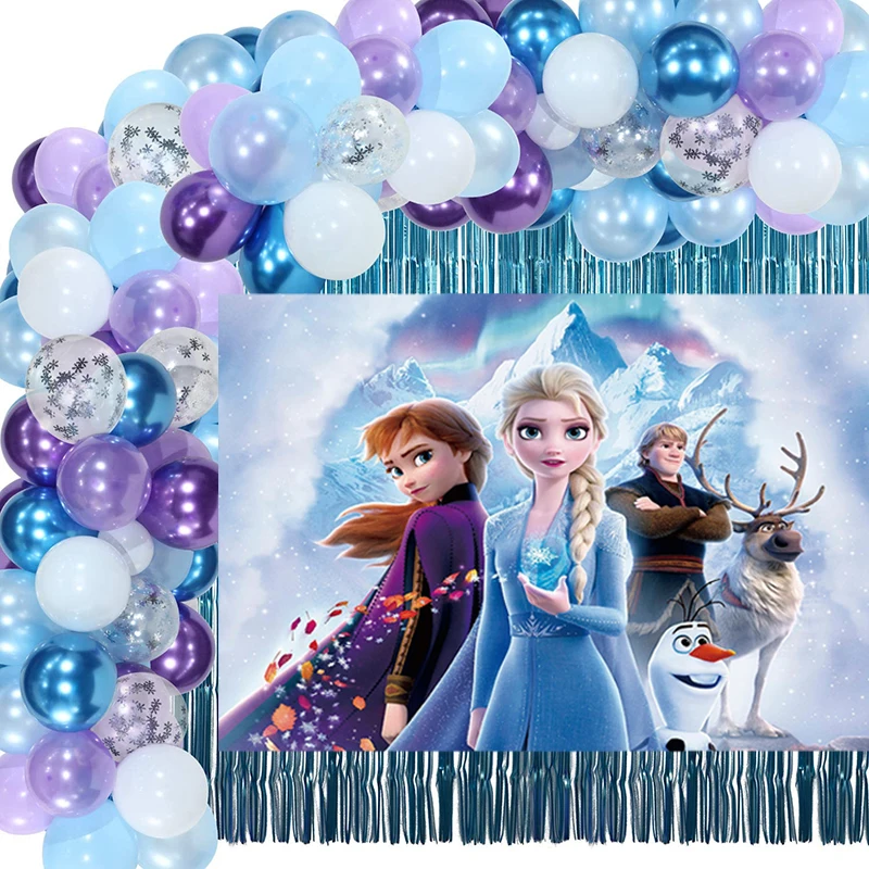 

113pcs Frozen Anna Elsa Photography Backgrounds Snowflake Balloons Garland Kit Fringe Rain Curtain Kid Girl Birthday Party Decor