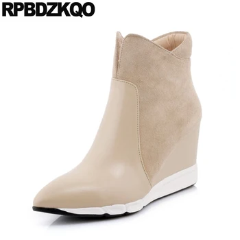 

real leather short high heel fashion genuine ankle women boots winter 2019 autumn wedge fall pointed toe booties shoes suede