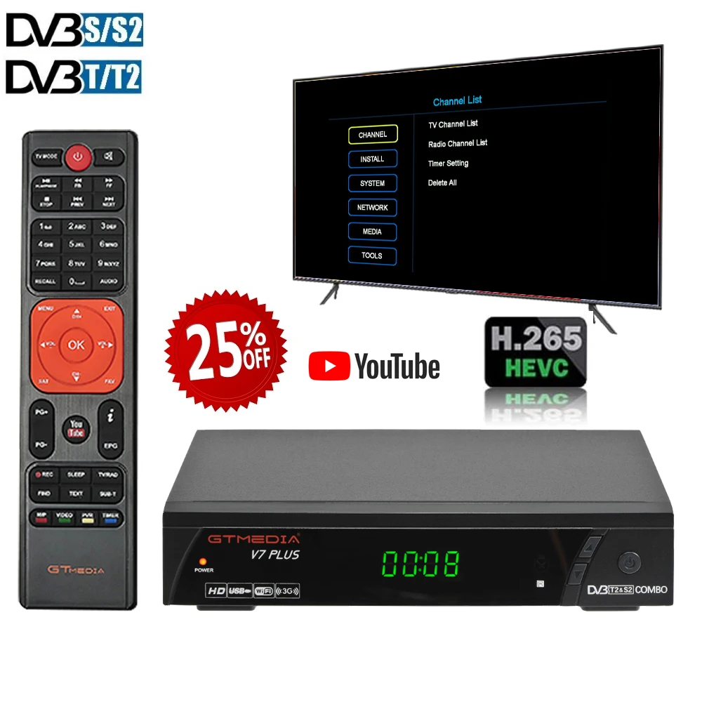GTMEDIA V7 PLUS Sat Decoder Terrestrial TV Receiver Satellite DVB-T/T2 DVB-S/S2 1080P Full HD H.265 HEVC Tuner Combo | Электроника