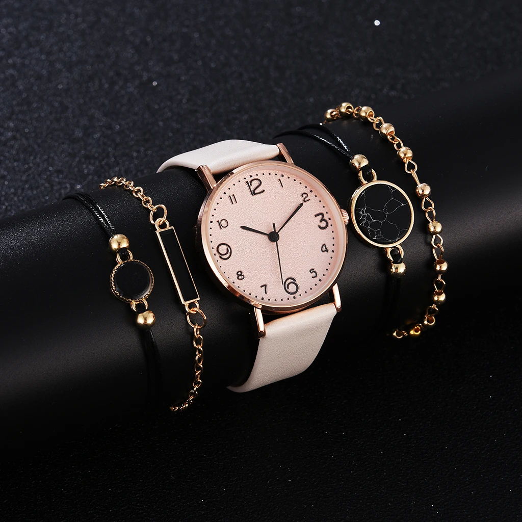 5pcs Set Watch For Women Luxury Leather Analog Ladies Quartz Wrist Watch Top Style Fashion Bracelet Watch Set Relogio Feminino