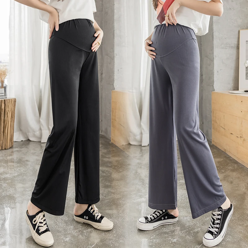 Summer Thin Ice Feel Maternity Long Pants Wide Leg Loose Elastic Waist Belly Clothes for Pregnant Women Casual Pregnancy