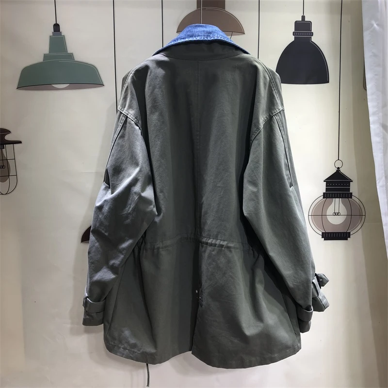 CHICEVER корейский стиль, лоскутные джинсовые женские куртки, воротник с лацканами, длинный рукав, шнуровка, плюс размер, повседневные пальто для женщин, осень, Новинка