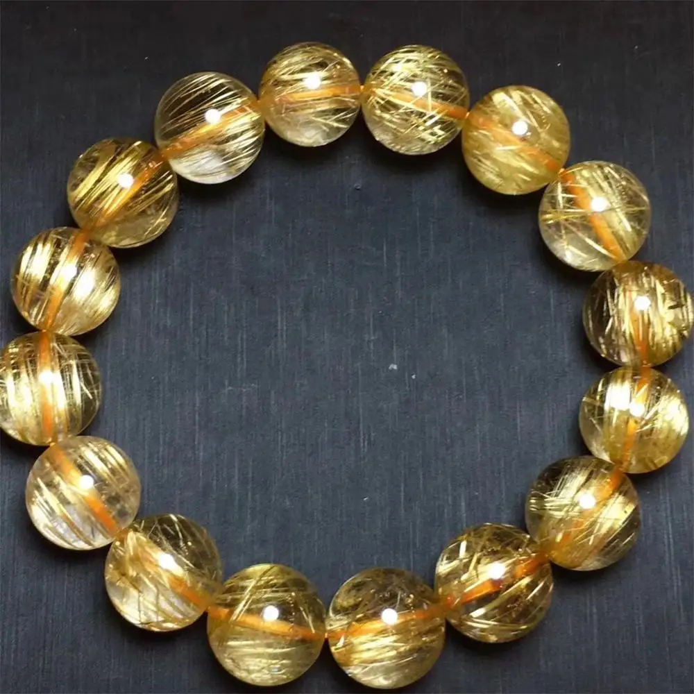 

13.5mm Natural Brazil Gold Rutilated Bracelet For Woman Man Crystal Titanium Stretch Round Beads Stone Jewelry AAAAA Certificate
