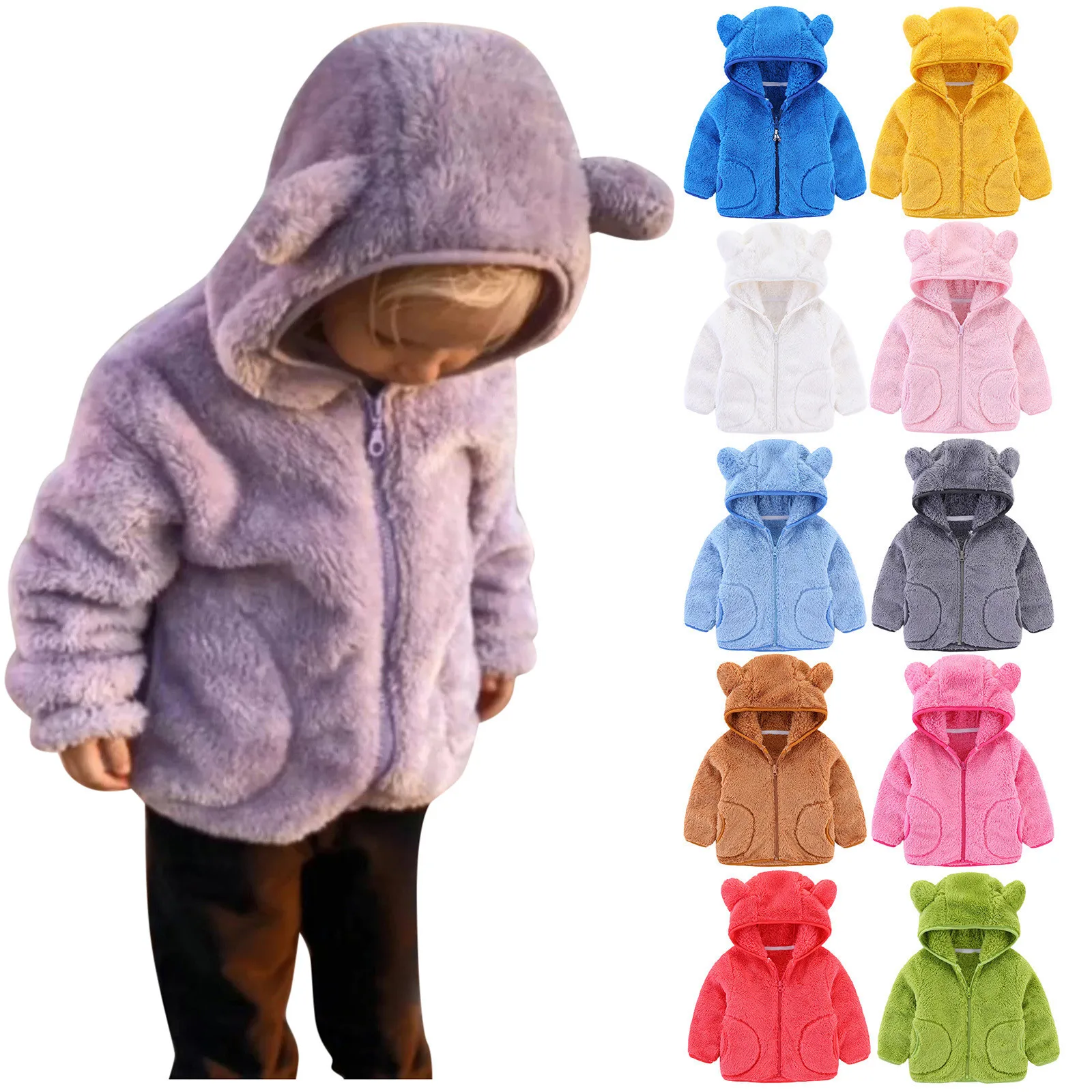 Unisex Toddler Girl Boy Coat Children Candy Color Coral Fleece Zipper Up Hooded Winter Outerwear Jacket with Ears 
