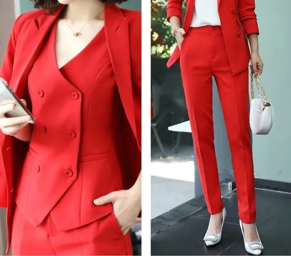 Vest and Pant Женский осенне-зимний костюм офисный двубортный пиджак брючный комплект модный Деловой брючный костюм для женщин Деловой брючный костюм - Цвет: Vest and Pant