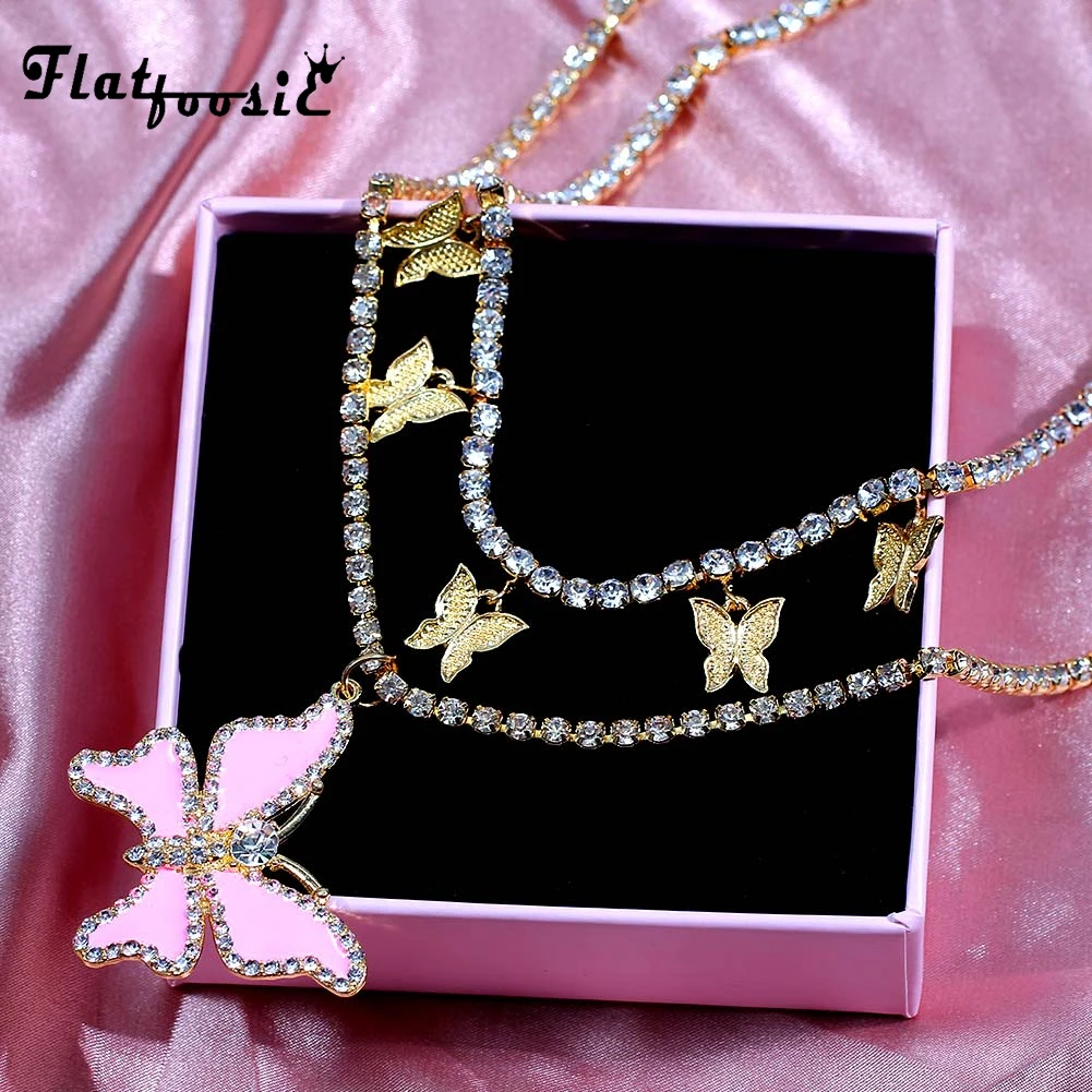 

Flatfoosie New Big Butterfly Crystal Pendant Necklace Women Gold Silver Color Animal Rhinestone Necklace Collar Fashion Jewelry