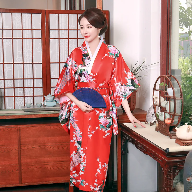 Традиционное японское кимоно Vestido Japones Пижама халат с павлином три четверти для