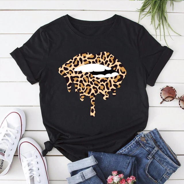 Summer Fashion Shirt Lips Leopard Graphic T Shirt Women Harajuku Tops  O-neck 4 colors Tee Kiss Lip Funny Girls  T-shirt Lips 6 Black