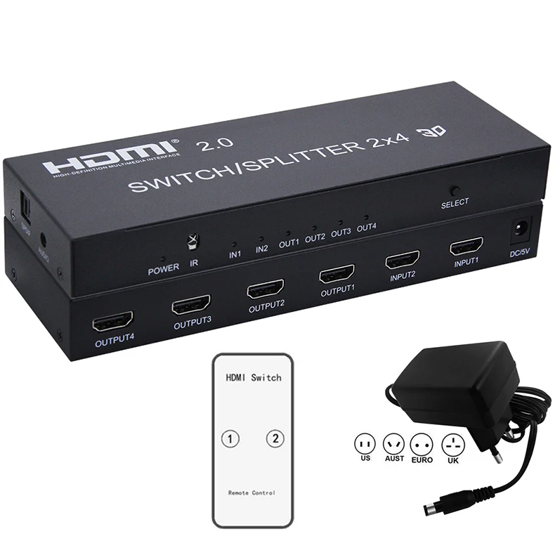 HDMI 2,0 сплиттер переключатель 2X4 сплиттер с цифровым аудио HDMI 2 в 4 выход не HDMI матрица 2X4 HDMI 1.4B 4 к X 2 к 30 Гц 3D