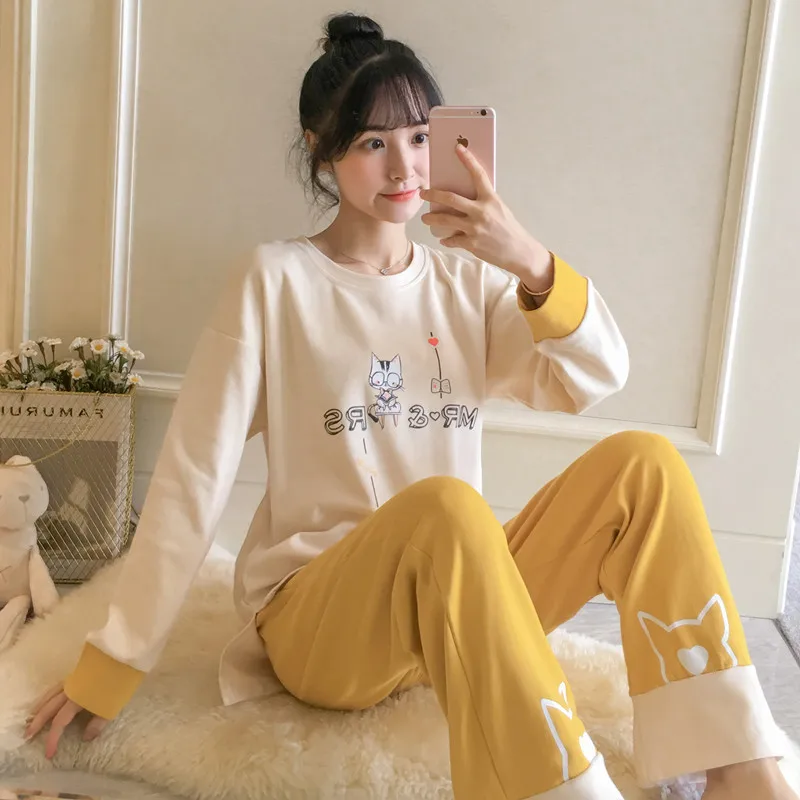 

Pajamas Women's Spring And Autumn Long Sleeve Pure Cotton Sweet Cute Cat Large Size Students Two-Piece Set Korean-style Home Wea