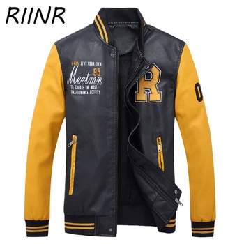 

RIINR 2020 New Classic Breasted Patchwork Casual Baseball Uniform Coat Male PU jacket Men Plus size jackets Male Coat Streetwear