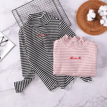 

Autumn Kids T Shirt Striped Long Sleeve Girls Tees Children Casual Clothing Turtleneck Ribbed Tops Spring Girls Letter Clothes