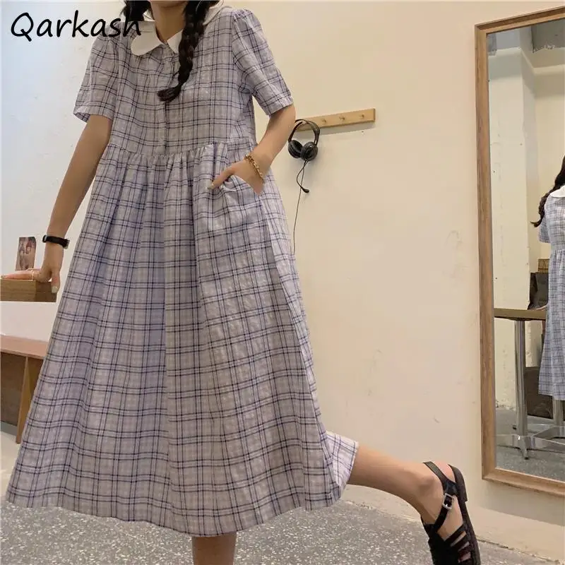 

Short Sleeve Dresses Women Peter Pan Collar Plaid Loose High Waist Midi Dress Sweet Girls Summer A-line Korean Fashion Students