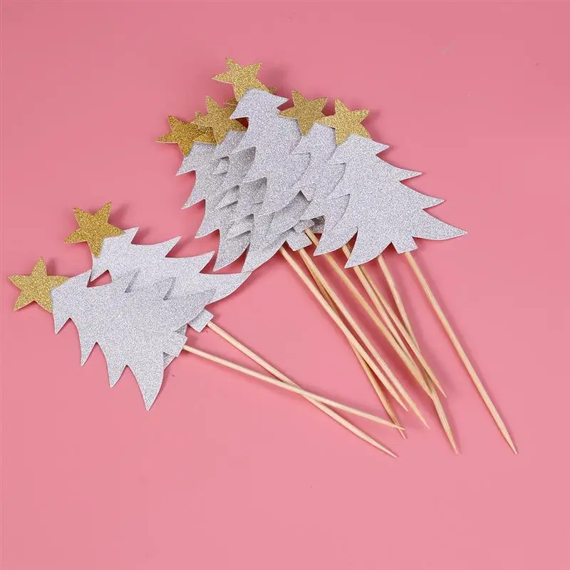 10 PCS Cupcake Topper Decorative Christmas Trees Cupcake Picks Star for Party Decoration(Silver