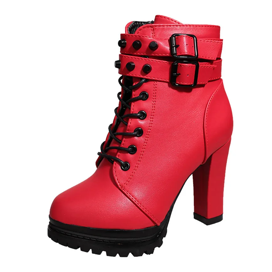 Женская обувь на высоком каблуке; Ботинки Martin; кожаные однотонные ботинки с круглым носком на шнуровке в британском стиле; мотоботы с заклепками в стиле ретро; 40 - Цвет: Red