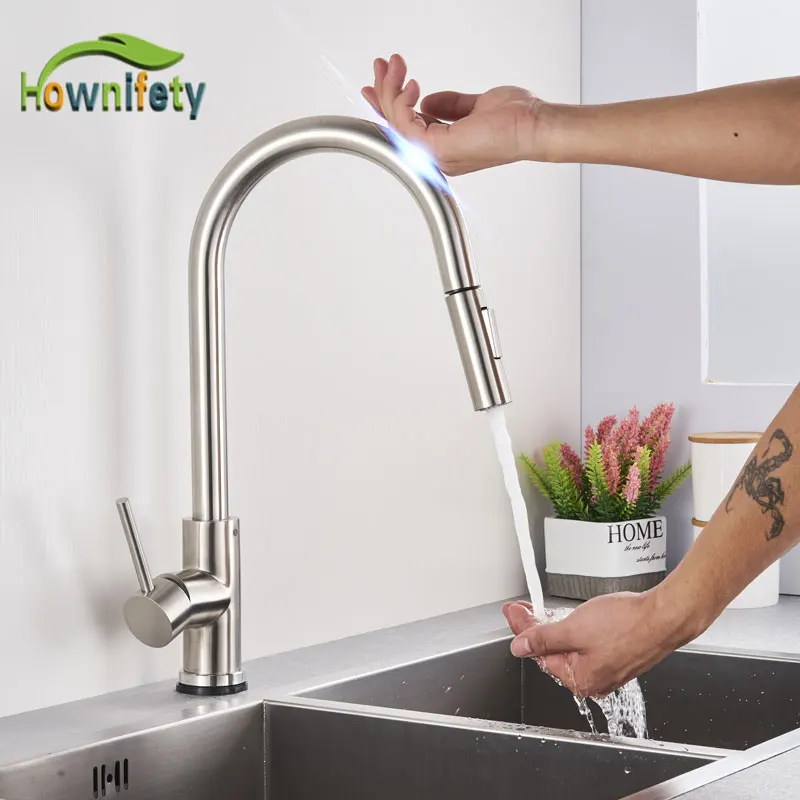 Hownifety Matte Blacked Kitchen Sensor Faucet Brushed Sense Mixer Tap Single Hole Bathroon Faucet  Pull Out 2-Function modes