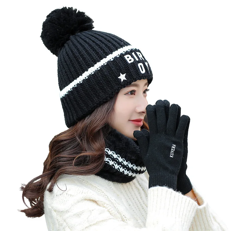 Новая вязаная зимняя шапка с помпоном и буквенным принтом, шарф, перчатки, набор для женщин, Толстая теплая зимняя Лыжная шапка, шапочки, шарф для женщин, подарок для девочек