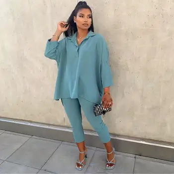 

Casual Women Two Piece Set Shirt Top + Long Pants Solid Color Sportsuit tracksuit clothes for women