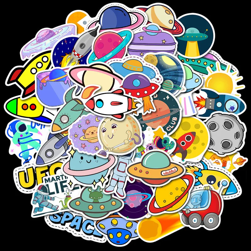 50個宇宙ステッカーのおもちゃエイリアンufo宇宙飛行士ロケット船惑星ステッカースクラップブッキングにスケートボードのラップトップ 文房具ステッカー Aliexpress