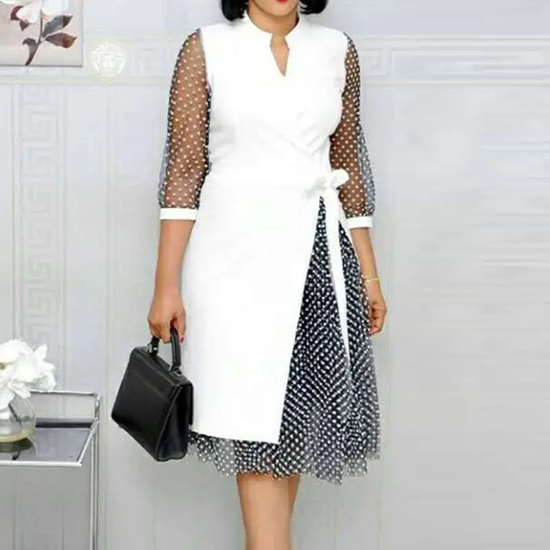 

African lace wave point sexy deep V stitching split chiffon big swing dress 2019 winter autumn elegant retro belt dress