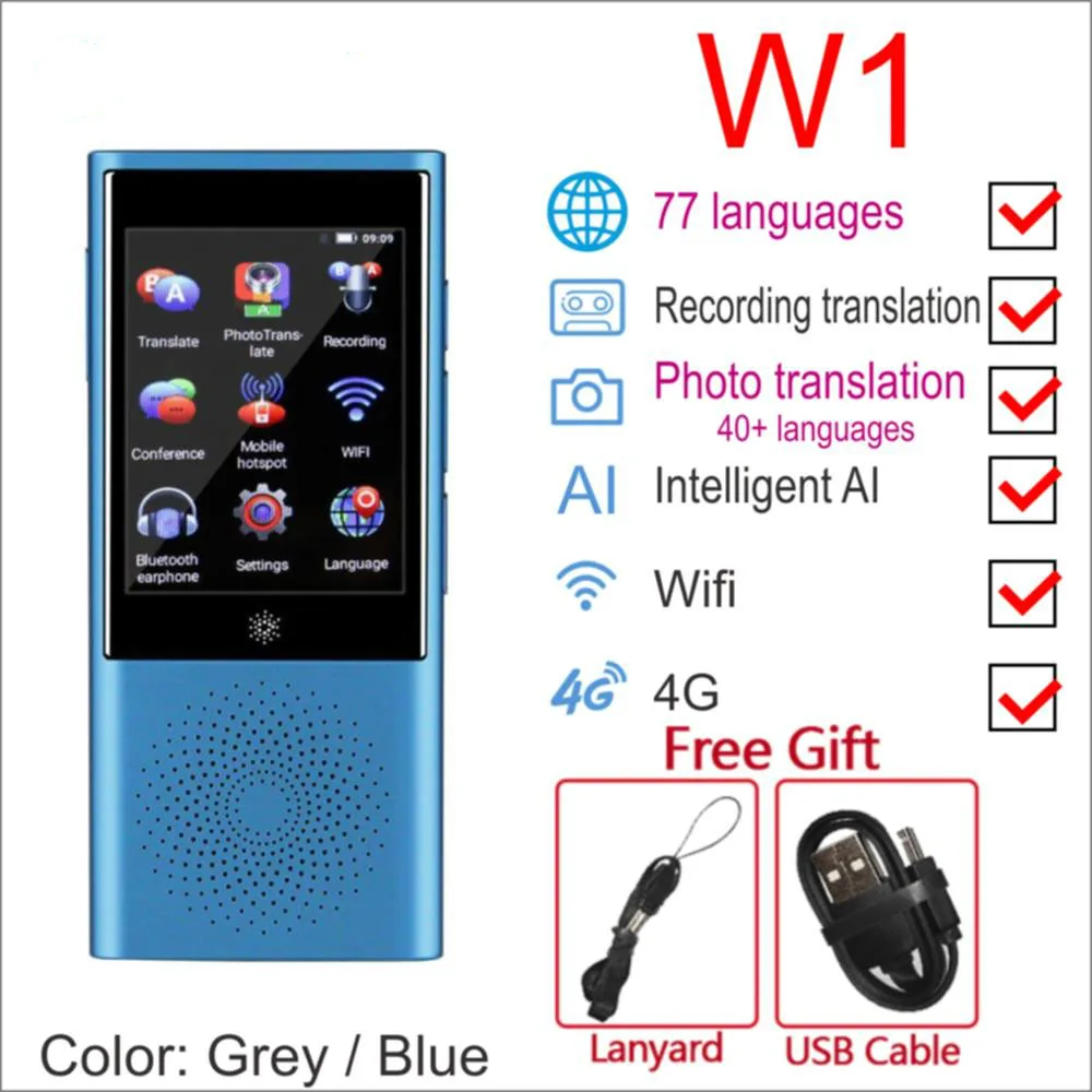 Boeleo W1 AI синхронный голосовой переводчик 4G сеть многоязычный портативный умный голосовой переводчик 2," сенсорный экран 8G память - Цвет: W1 Blue