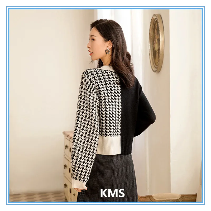 

KMS Autumn and winter cashmere sweater round neck houndstooth knitted pullover bottoming sweater for women