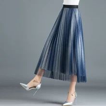 Женские юбки в сеточку; сезон весна; Новинка; повседневные трапециевидные плиссированные юбки; Летняя мода; длинные сетчатые плиссированные юбки для женщин
