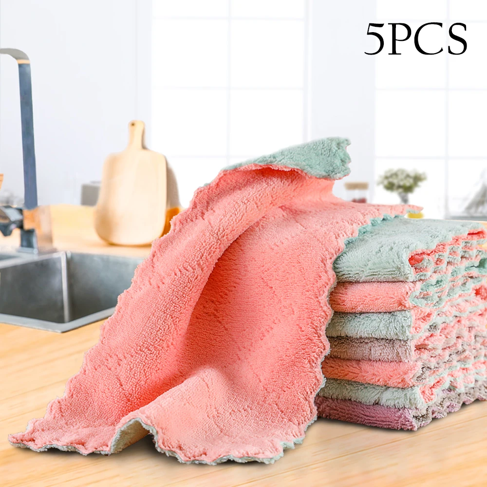 

1/5pcs Is Cheaper Double-layer Absorbent Microfiber Kitchen Dish Cloth Non-stick Oil Household Cleaning Wiping Towel Kichen Tool