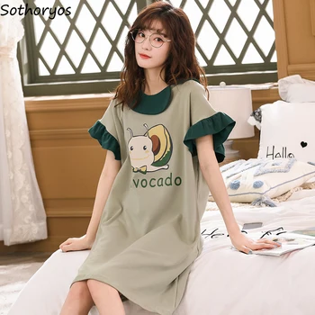 

Nightgowns Mid-calf O-neck Printed Summer Large Size 3XL Korean Style Elegant Cute Soft Breathable Leisure High Quality Fit Chic
