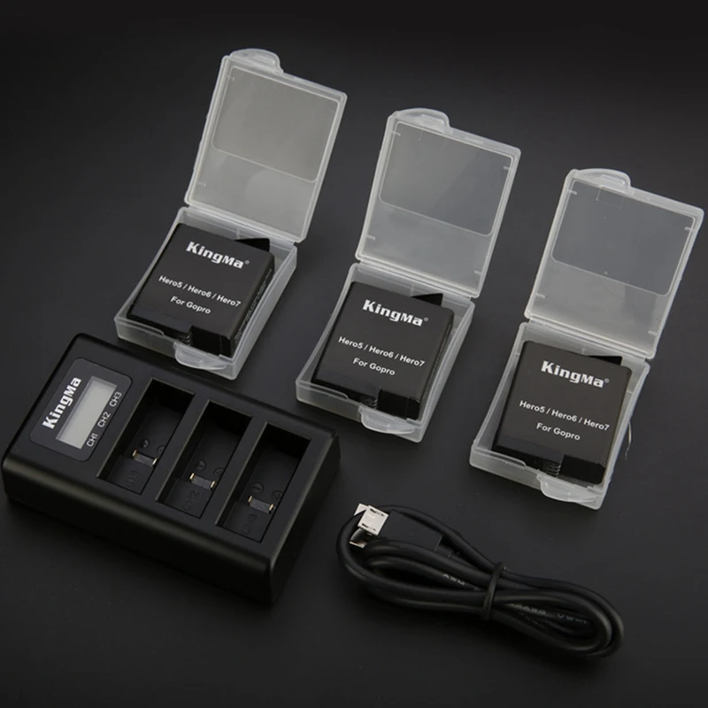 KingMa для GoPro Hero5 Hero6 Hero7 батарея с 3 отверстиями порты ЖК-дисплей зарядное устройство комплекты для Go Pro Hero 8 7 6 5 черный аксессуары