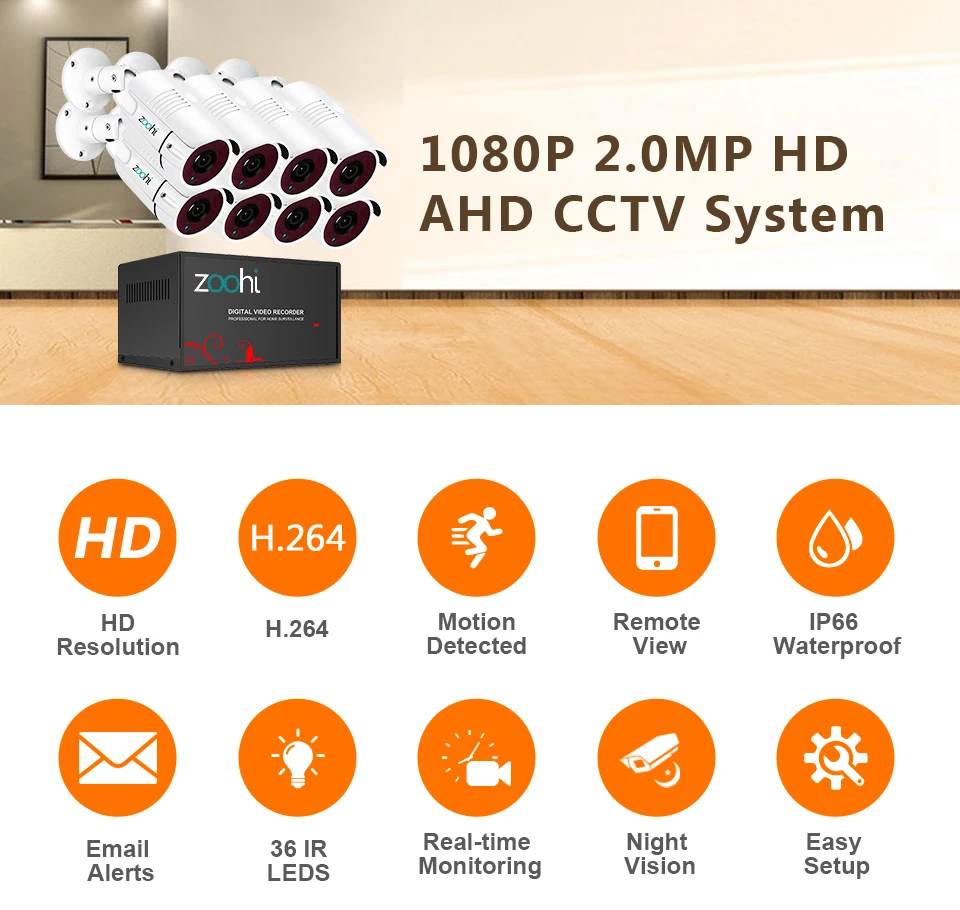 Zoohi AHD система видеонаблюдения 1080P система видеонаблюдения 8CH cctv камера система безопасности комплект наружная камера безопасности IP66