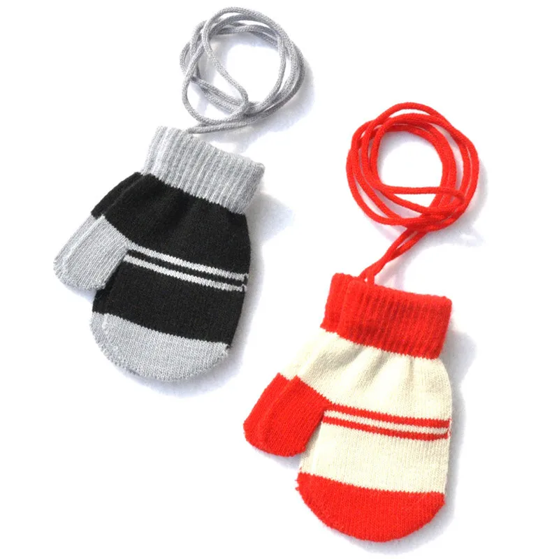 Детские перчатки, варежки, Детские Зимние теплые Разноцветные полосатые вязаные милые перчатки с веревочками, Rekawiczki Dzieciece CD