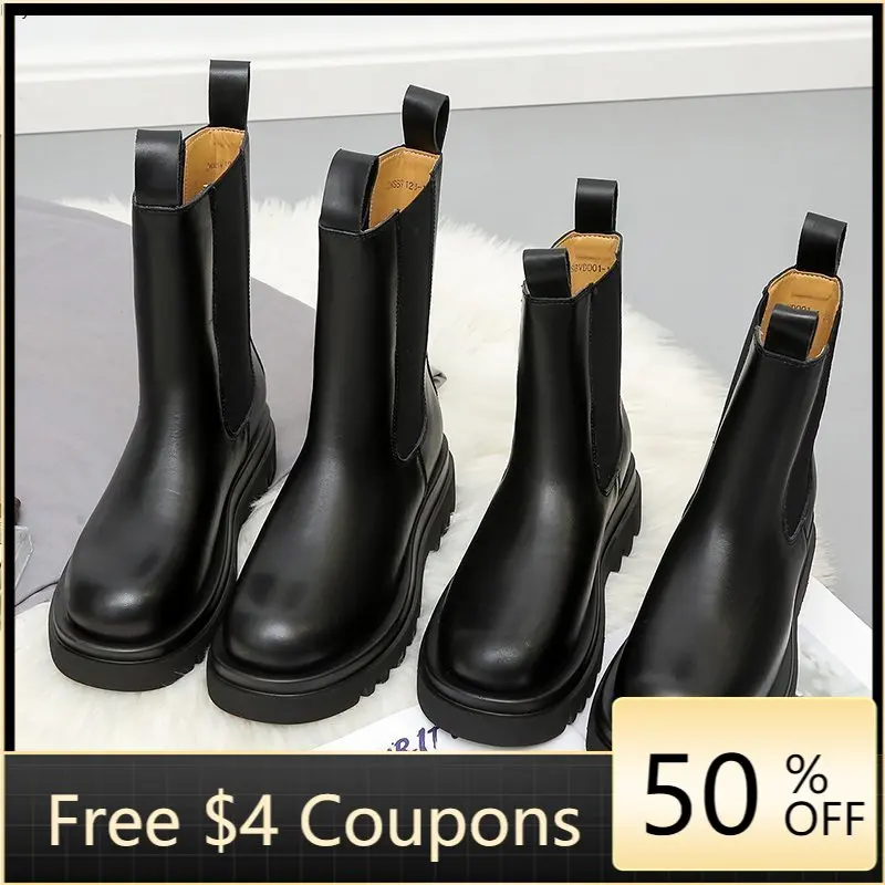 Luxury Chelsea Boots Women Leather Ladies Chunky Winter Shoes Platform Ankle Slip on Thick Heel Brand Botas Mujer | Обувь