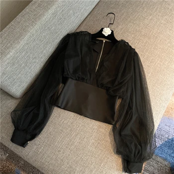 

2020 Spring New Sexy V-neck Double Layer Mesh Sleeve High Waist Short Top Women Slim Gauze Shirt Slim Lady Blouses