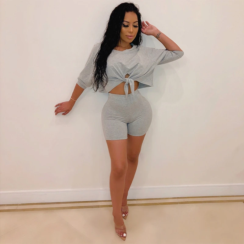 

Women Casual 2 Piece Set Solid Color Outfit Front Knot Crop Top + Tight Short Pant Clothes Sets 2 Set Piece Set Woman Clothes
