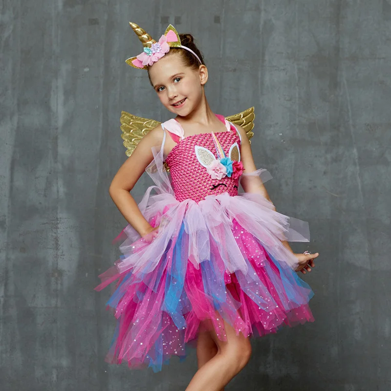 Glittery Unicorn Princess Pageant Flower Girl Tutu Dress Kids Party Costume with Headband and Wings Halloween Cosplay Girl Dresses (6)