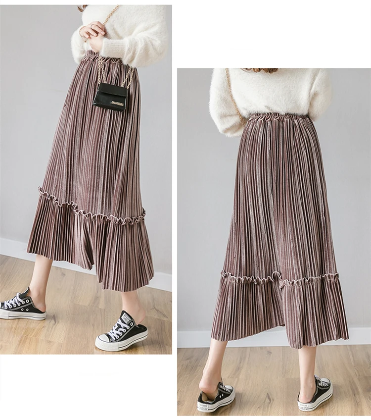 Элегантные зимние женские модные юбки, тянущаяся плиссированная юбка с высокой талией, трапециевидная макси юбка, комбинированная Ретро Вельветовая длинная юбка