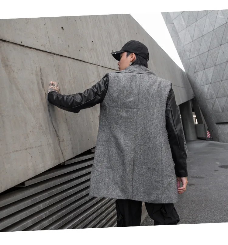 Мужской осенне-зимний шерстяной плащ из искусственной кожи в стиле пэчворк в Корейском стиле, тонкая длинная куртка, мужской Готический винтажный Наклонный плащ на молнии