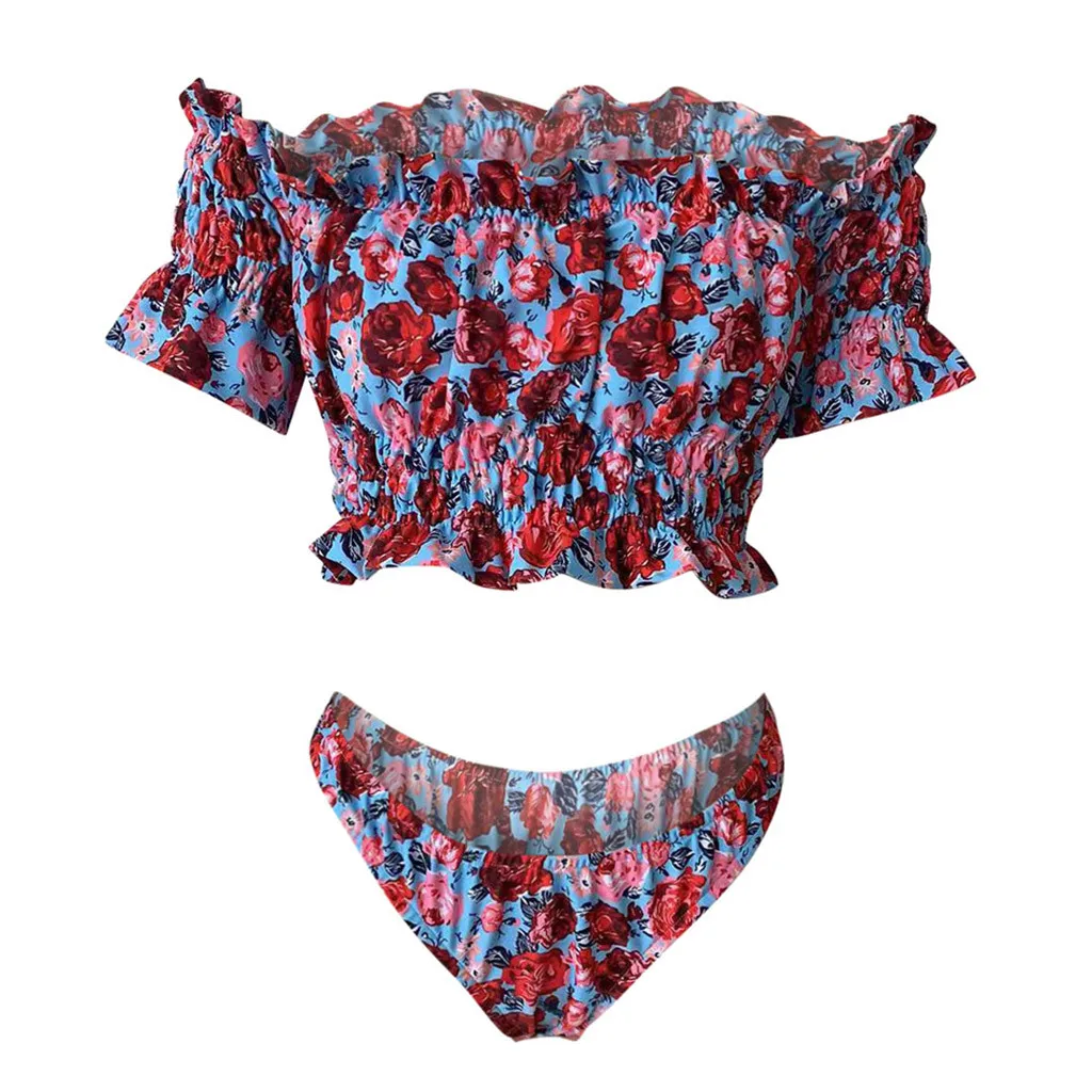 JAYCOSIN swimwear Women Shoulder Retro Small Fresh Swimsuit Set Beach Party Flower Print Elastic Bikini Red Series Fashion New 