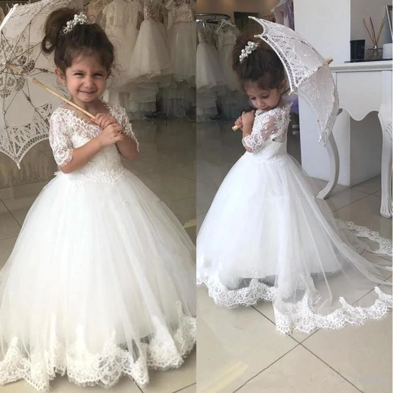 Cute White Ball Gown Flower Girl Dresses Appliques Half Sleeves Jewel Round Collar For Bridal Party Guest Wear Child Birthday | Свадьбы и