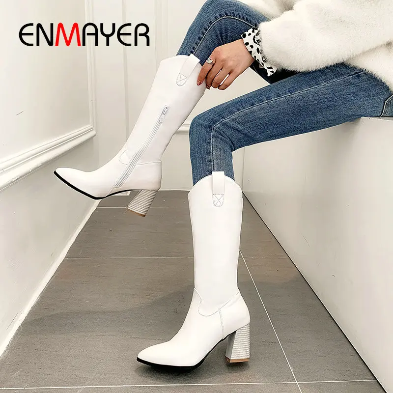 ENMAYER/ г. Модные женские зимние сапоги для верховой езды из PU искусственной кожи модные женские сапоги до колена на квадратном каблуке с острым носком размер 34-43