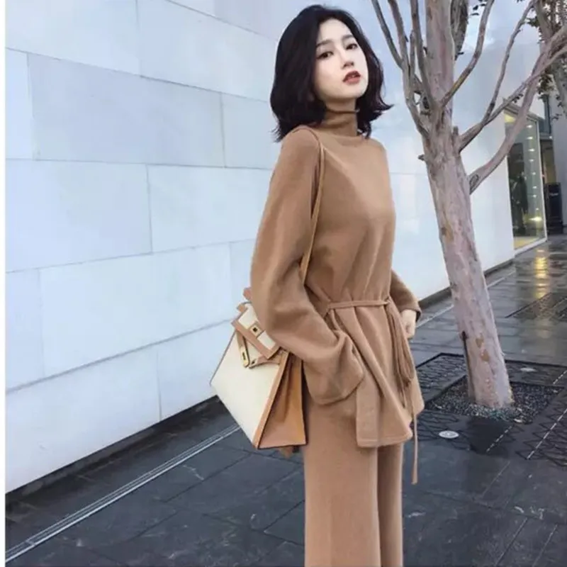 

Autumn Winter Women Knitted Tracksuit 2 Piece Set Fashion Long-Sleeved Turtleneck Pullover+Loose Knit Pant Female Vestidos Suit