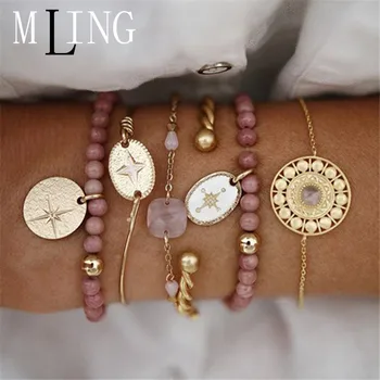 

MLING 5 Pcs/Set Vintage Pink Beads Crystal Bracelet Set Bohemian Disc Circle Cross Bracelet Set for Women