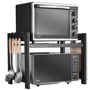 

Kitchen microwave racks floor home seasoning supplies black shelf 2 layer storage rack oven rack