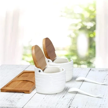 

Ceramic Sugar Bowl with Lids and Spoons-Porcelain Condiment Container Spice Jar,Salt Cellar for Kitchen,with Chalkboard Labels