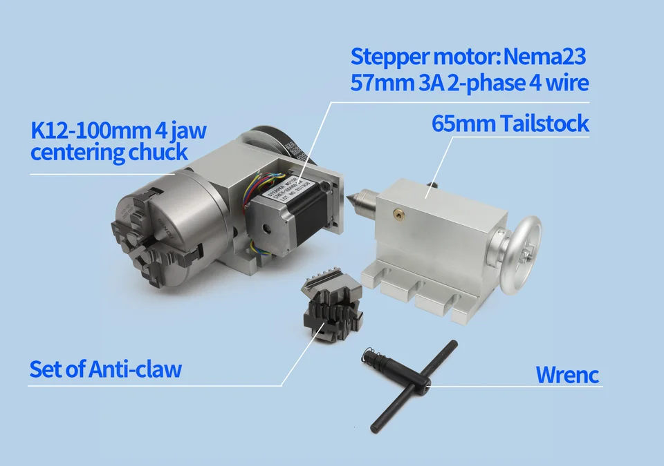 RATTMMOTOR CNC Rotatieas, 4e as Rotatietafel K11-100mm, met 3-kaak chuck Reductieverhouding van 6: 1 met 65mm tailstock voor CNC draaimachine, freesmachine