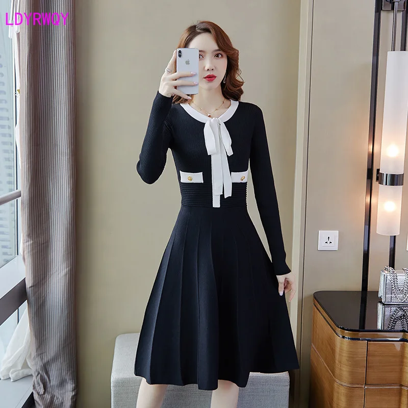 

2019 autumn new Korean fashion temperament women's long-sleeved small fragrance Slim thin fresh sweet dress A-Line