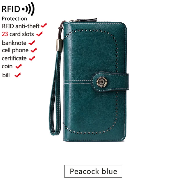 High Quality Women Wallet RFID Anti-theft Leather Wallets For Woman Long Zipper Large Ladies Clutch Bag Female Purse Card Holder w005-blue