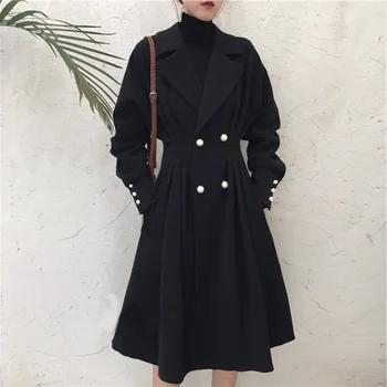 

Plus Size Casual Womens LongTrench Coats Loose Solid Full Sleeve Designer Coats Black Turn-down Collar Skirt Women Tops